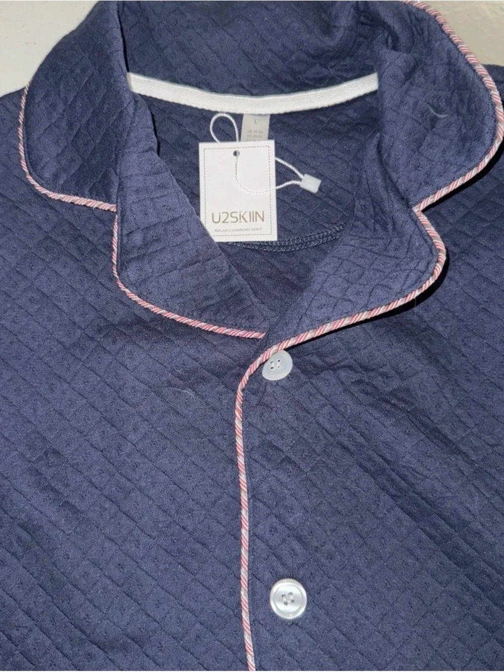 U2SKIN new Navy Quilted Pajama Set with Pink Piping